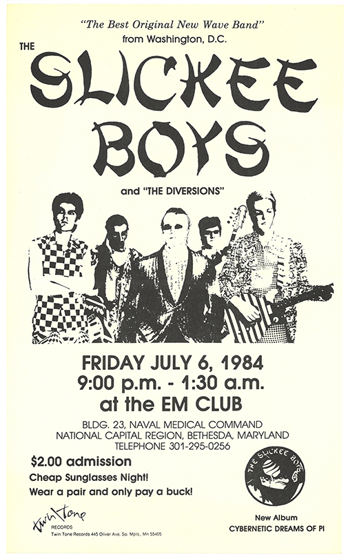 Slickee Boys Poster with a black-and-white illustration of the five band members at the center.