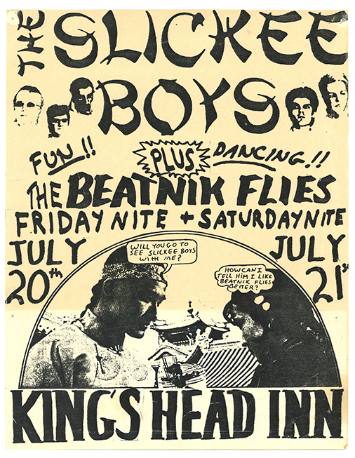 Yellow-background flier with large, bold text of varying fonts, small drawings of the band members' faces, and an image of a conversation between two people with speech bubbles at the bottom.