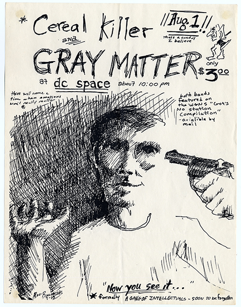 Handwritten flier with a large drawing of a man holding a gun to his head.