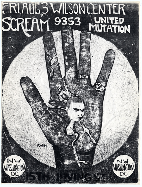 Flier with a dark background and a white circle at the center with an illustration of a person's hand that has a face in the palm.