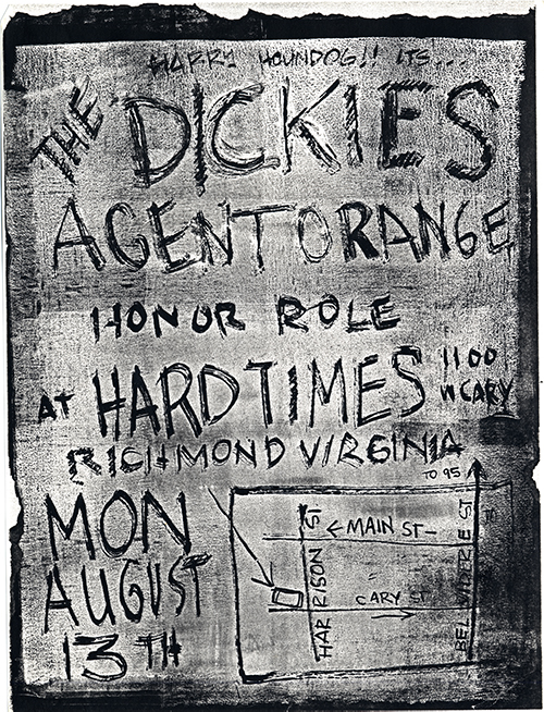 Flier with large hand-written text and a map showing direction to the venue at the bottom right.