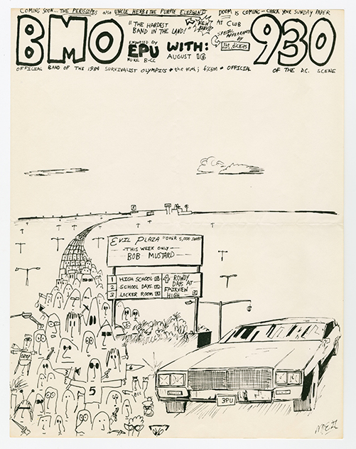 Flier with a scene of a crowd of abstract figures all walking through a path, and there is a parked car as well as a sign that seems to have a tracklist of four songs.