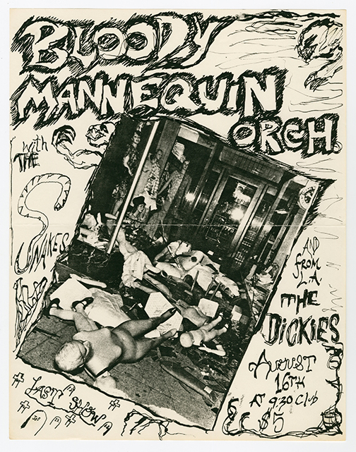 Hand-written flier with sketches and doodles, and at the center is an image of mannequins on the floor.