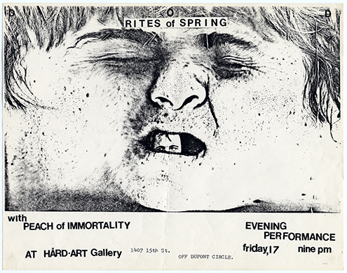 Flier with a stretched out face as the background and at the bottom are the event details in small, black text on a white background.