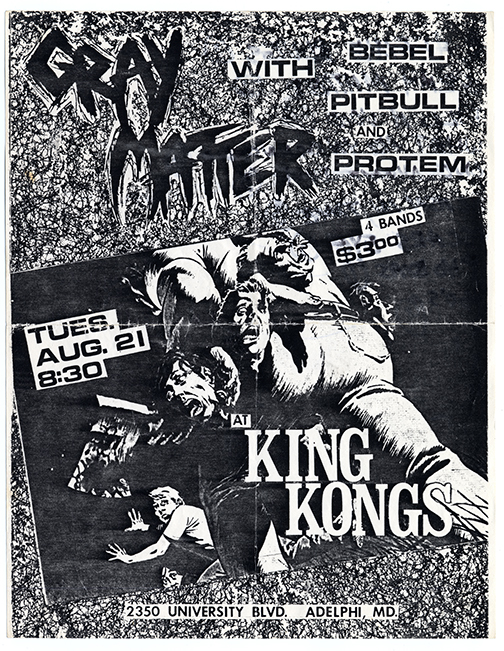 Flier with a scribbled background, stylized text, and an illustration of a giant picture holding people with scared expressions.