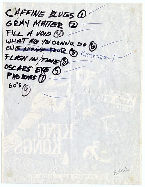 Hand-written list of names (seems to be either song or band names as Gray Matter is among them) that are numbered from 1 to 9.