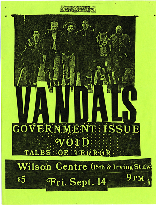 Bright green flier with black, bold text and a centered illustration of a group of men walking together.