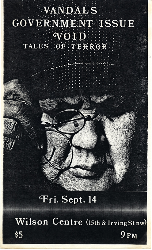 Black and white text with an enlarged photo of an elderly person holding up glasses to her eyes, and stylized white text above and below the photo.