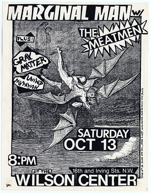 Flier in the style of a comic-book cover with bold text and a large, centered illustration of fantasy figures (mix of humans and bats) falling from a cliff into water.