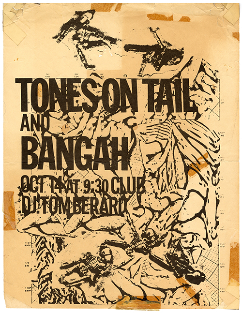 Vintage tinted flier with a drawing of corpses in the background, overlayed by large, bold text.