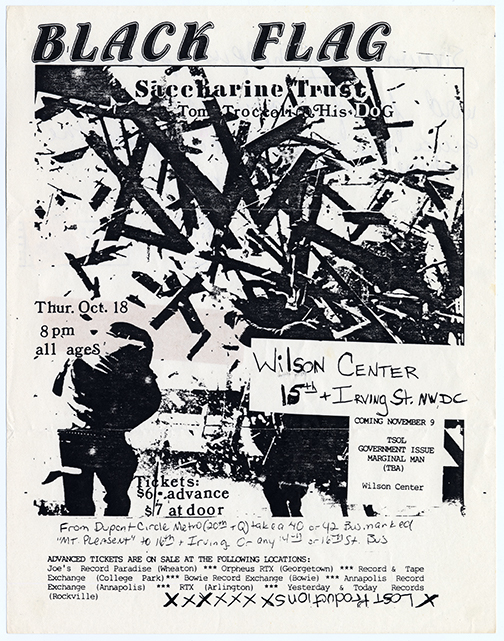 Black Flag Flier for an all-ages event with varying styles of text and a large centered image in the background of two figures standing in front of destroyed buildings and architecture.