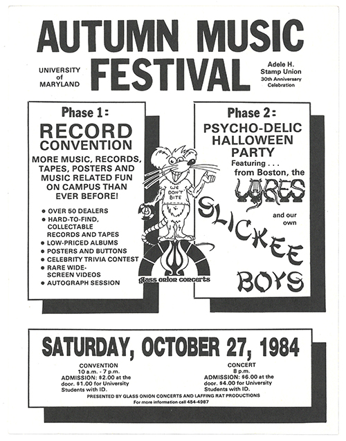 Black and white flier with a title at the top, two columns of text boxes at the center (with an illustration of a rat in between wearing a shirt that says 'We don't bite'), and then one text box at the bottom.