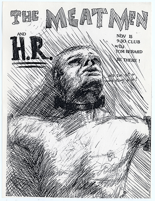 Hand-drawn flier that is shaded and has a large illustration of a man chained to the wall with a choker-device on his neck and his arms.