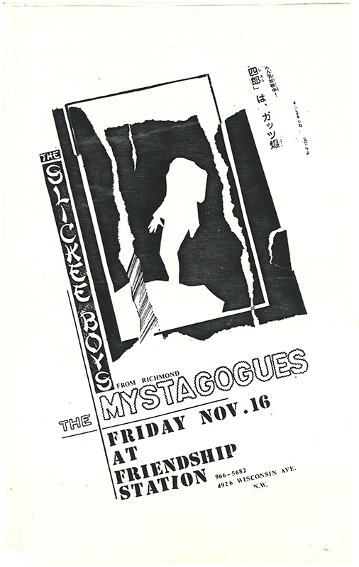 Flier with all the content at the center displayed diagonally. It contains bold text and an illustration of a white sillouhette in a black background.