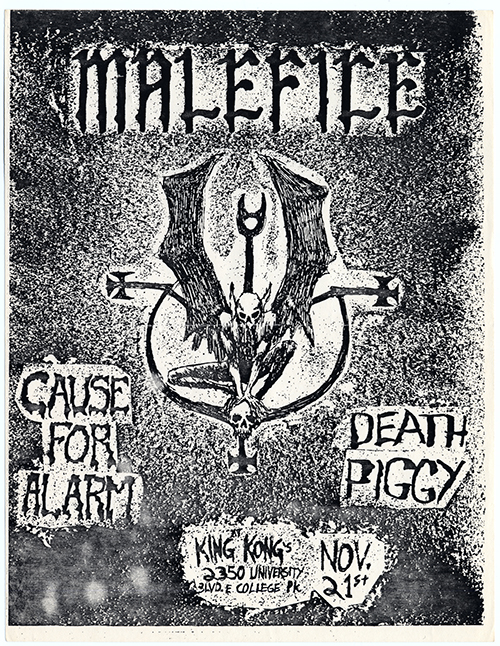 Black and white hand-drawn flier with a darkly shaded background, gothic text, and at the center is a skeleton figure with bat-like wings, holding a trident and standing on a cross with a skull.