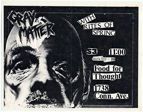 Dark flier with cut-out text and a smoothed face of and elderly man.