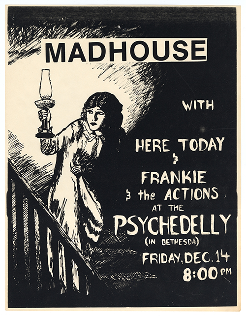 Flier with a background illustration of a woman holding a candle and going down the stairs in the dark, and overlayed on that is stylized text.