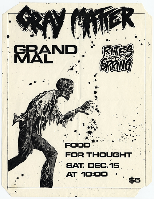 Gray Matter Flier with stylized text and an illustration of a skeleton walking in torn-up clothing.