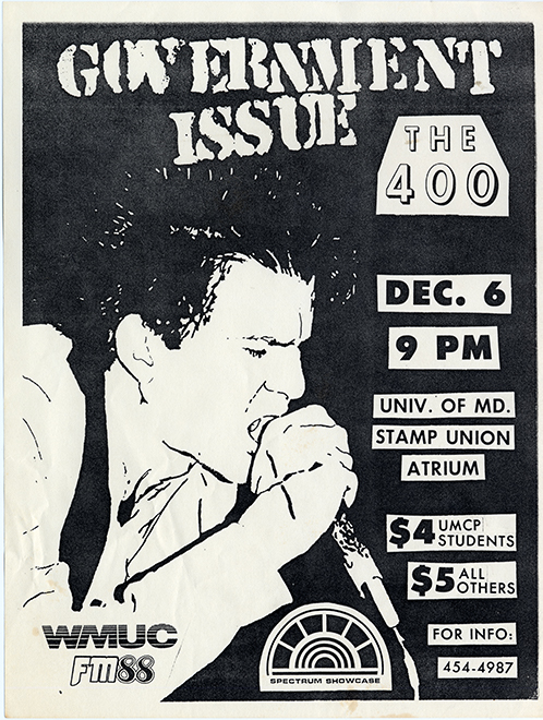 Flier with a black background, cut-out styled text, and an illustration of a man singing into a microphone.