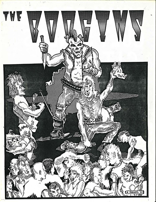 Boogins preview issue. Stylized title and an illustration of a crowd of people and a stage with three performers: a guitarist, a singer, and another person behind the singer who is muscular, wearing some animal mask, and holding a knife.