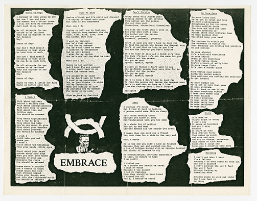 Embrace lyric sheet, with printed lyrics on ripped sheets of paper on a black background.