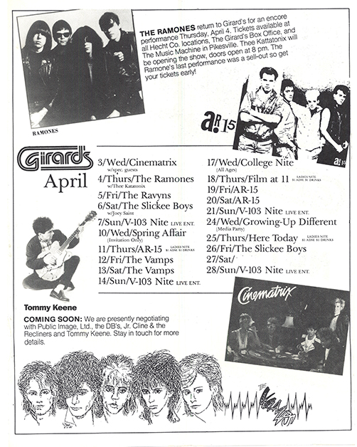 Page 2 of the calendar for Baltimore Venue Girard's with photos of the band and a calendar for April.