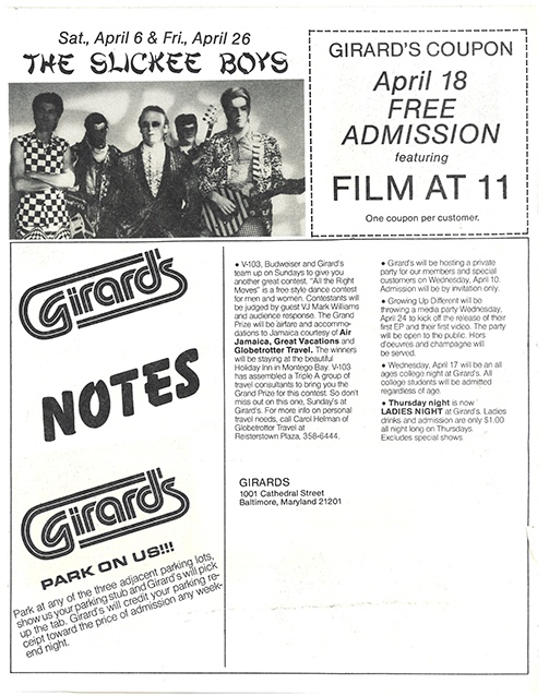 Page 1 of the calendar for Baltimore Venue Girard's with typed black text on white paper and a photo of the bandmembers.