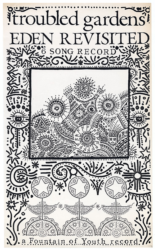 Troubled Gardens flyer with a detailed hand-drawn background of stars, moon, suns, lines, and circles. They surround a detailed center illustration of starburst patterns.