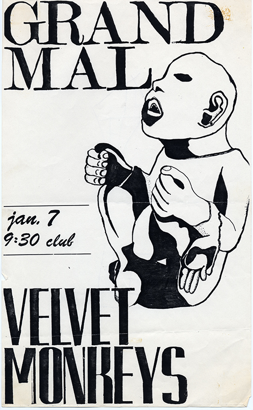 Flyer with a figure seated and hands in fists, with headings 'Grand Mal' and 'Velvet Monkeys'.