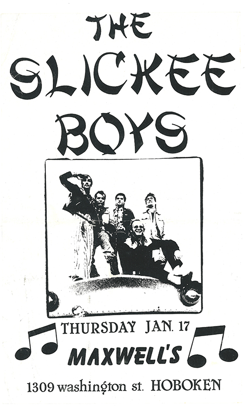 Flyer with a black-and-white photo of the Slickee Boys and the band name written in stereotypical Asian typography.