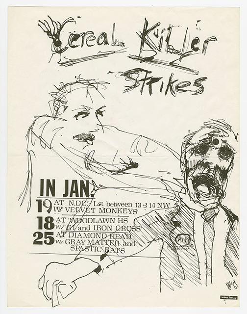 Flyer drawn with rough pen drawings of a man strangling someone with 'Cereal Killer Strikes' scrawled across the top with ink splotches.