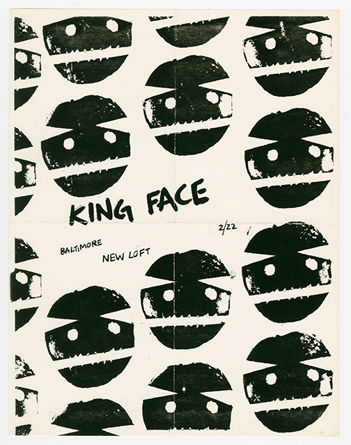 King Face flyer with a repeated pattern of a face with shapes cut out against a white background.