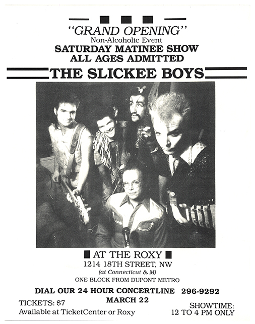 Slickee Boys Flyer with a black-and-white photo of the band members, with location and dates of the concert listed.