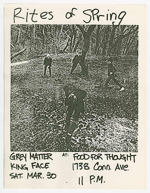 Rites of Spring Flyer with handwritten concert details and a black-and-white photo of bandmembers in the woods.