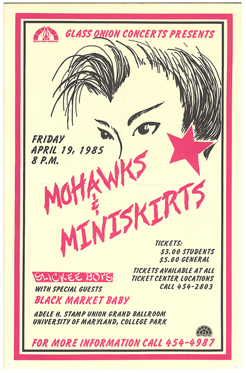 Slickee Boys and Black Markey Baby flyer with pink text and a line drawing of a person's eyes and hair.