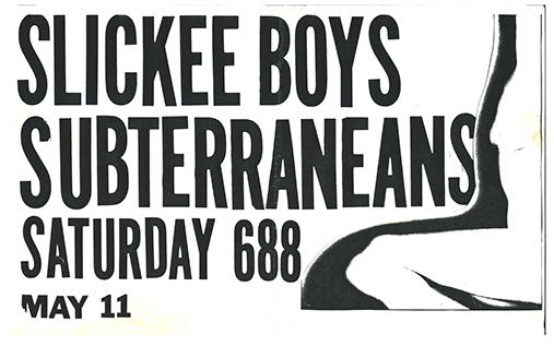 Slickee Boys flyer with bold black type on a white background.