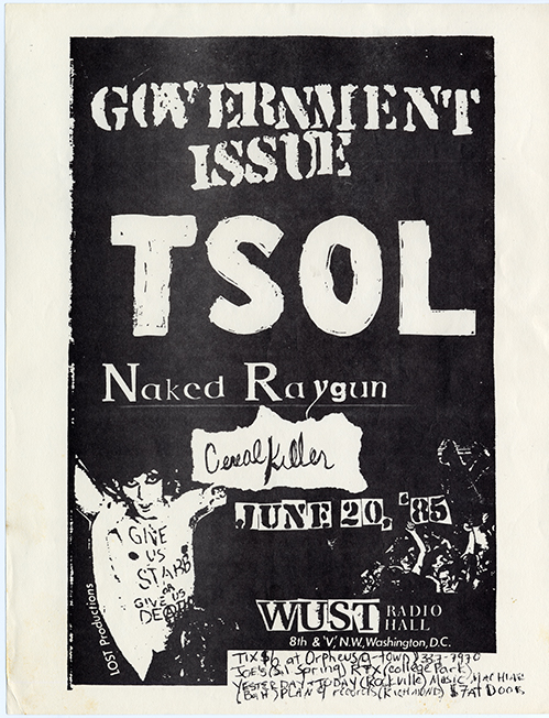 Government Issue flyer with 'TSOL' in large white letters and collage-styled details on a black background.