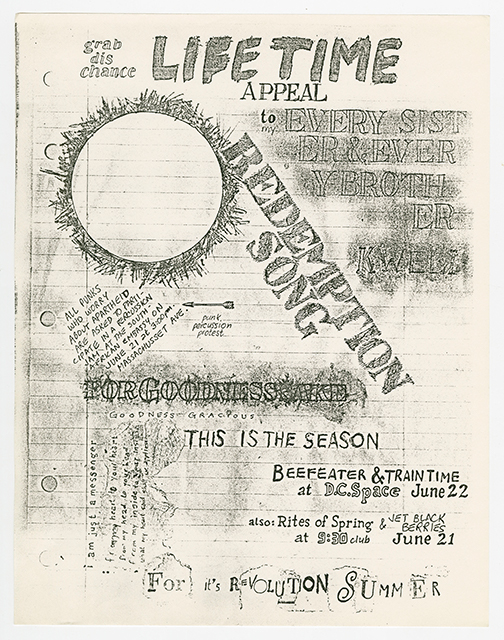 Punk percussion protest flyer with blurred handwritten titles and details on a lined sheet of paper.