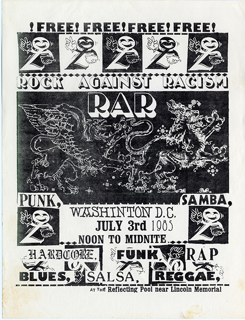 Rock Against Racism flyer with illustrations of two dragons on a black surface, surrounded by a repeated cartoon figure holding peace signs.