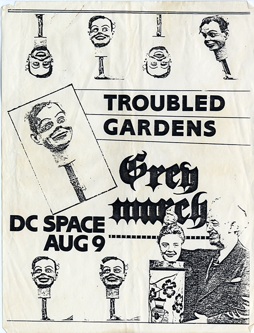 Troubled Gardens flyer of a photo of a man holding a doll's head and multiple dolls' heads on sticks.