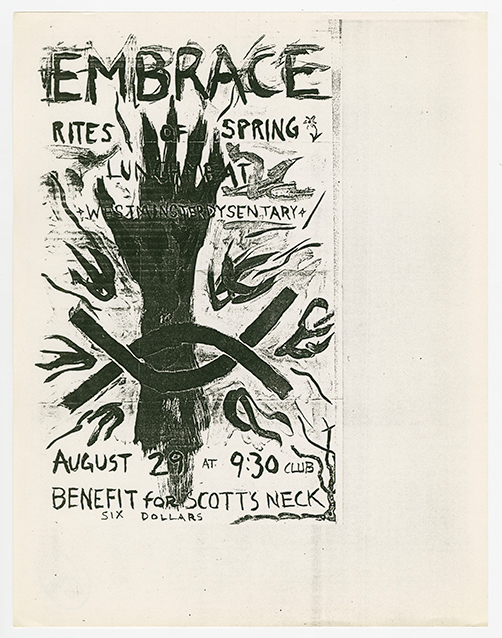 Embrace flyer with hand-drawn title and details and a dark, scratchy drawing of a hand surrounded by flames.