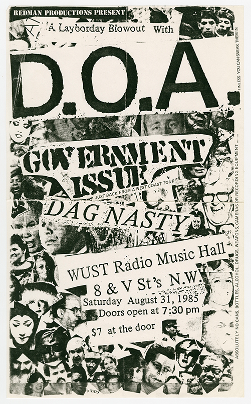 D.O.A. flyer in a collage style, with images of people covering the background.