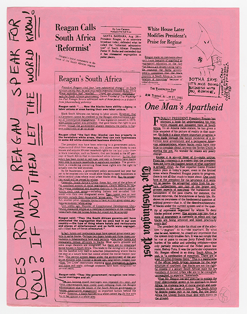 Punk percussion protest against apartheid flyer, printed on pink paper with newspaper clippings about Apartheid and a handwritten title on the side, 'Does Ronald Reagon speak for you? If not, then let the world know!'