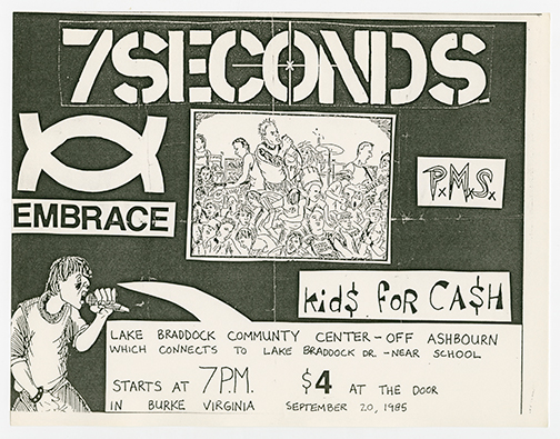 7 Seconds flyer white handwritten details and cartoon images of a man holding a mic and a concert.