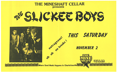 Slickee Boys flyer on yellow paper with a photo of bandmembers.