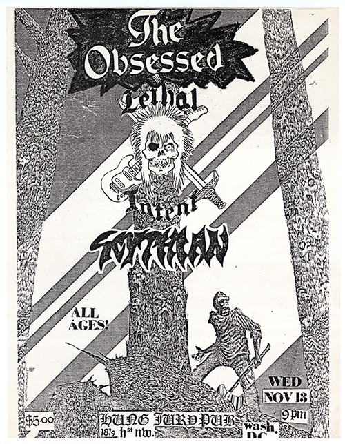 Obsessed flyer with an illustration of a soldier and a skull with long hair, in front of a guitar and a sword.