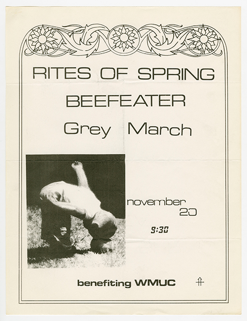 Rites of Spring flyer with a floral border and a photo of a child hitting his head on a rock.