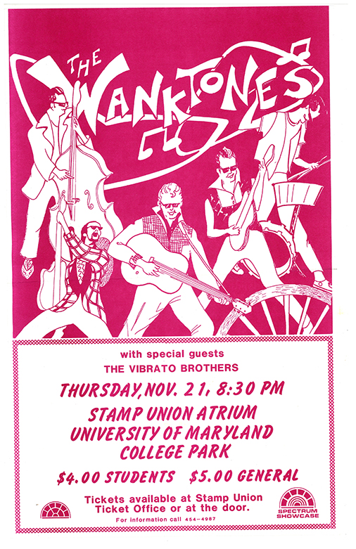 Wanktones flyer printed in pink with a drawing of bandmembers.