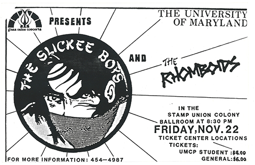 Slickee Boys and Rhomboids flyer with an illustration of a man wearing a scarf that covers his mouth.