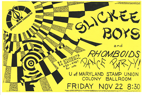 Slickee Boys and Rhomboids flyer on yellow paper, with concentric circle patterns.